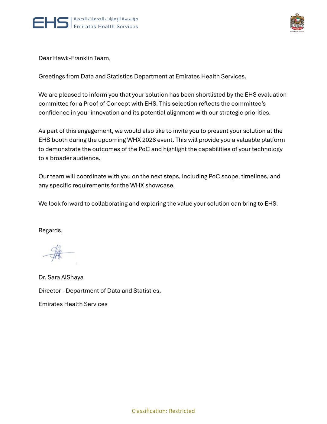 EHS acknowledgment letter