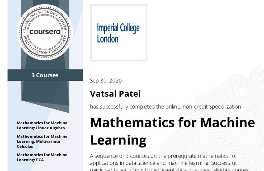 Mathematics for ML certificate